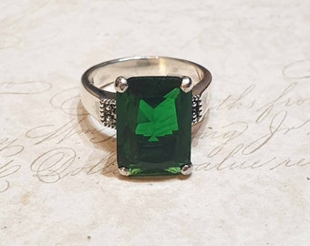 Solitaire Emerald Green Ring Zircon Silver Marcasite Square Oblong