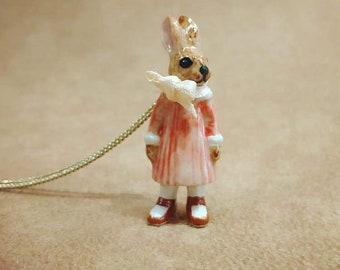 Bunny Girl in a Pink Dress Brown Rabbit Pendant by And Mary