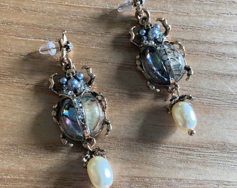 Scarab Bug Pearl Earrings