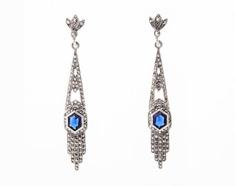 Silver Marcasite Art Deco Style Sapphire Royal Blue Earrings