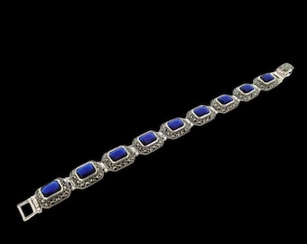 Silver Marcasite Sapphire Bracelet Square Blue Crystal