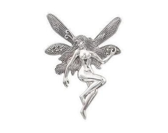 Silver Marcasite Art Nouveau Fairy Brooch Pendant Necklace