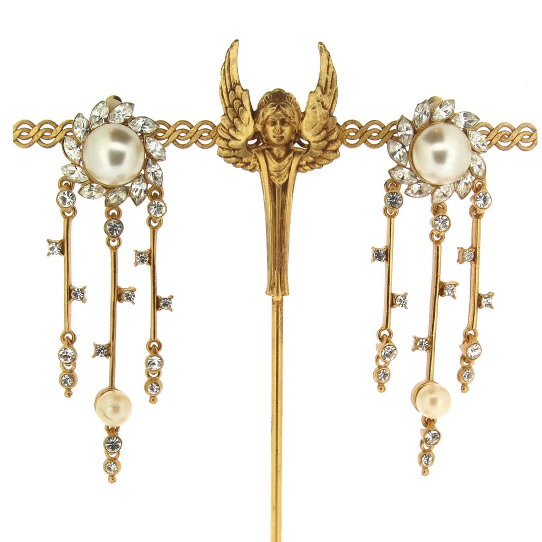 Glass Pearl Earrings With Crystal Chandelier Clip On Etsy