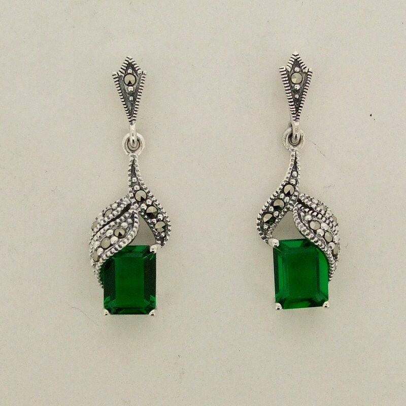 Art Deco Earrings Emerald Green Silver Marcasite Crystal | Etsy