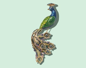May include: A detailed peacock brooch with a blue, green, and gold color scheme. The brooch features a stylized peacock with a crown, a long, flowing tail, and blue gemstone accents. The brooch is set against a light green background.