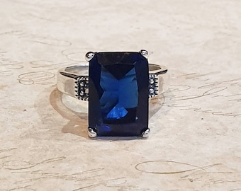 Solitaire Sapphire Blue Zircon Silver Marcasite Square Oblong Ring