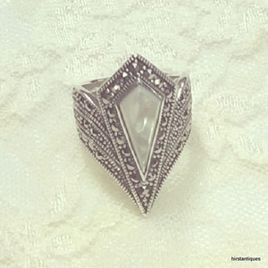 Art Deco Mother of Pearl Ring Silver Marcasite Point