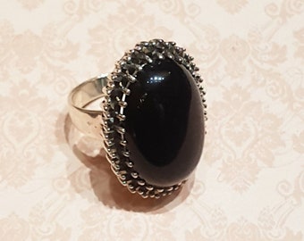 Bague Cocktail Vintage Argent Massif Avec Onyx, Opale Et Marcassites - Taille 53