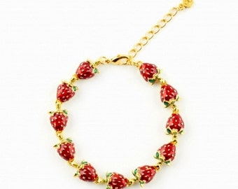 Pre-Order: Strawberry Bracelet by Bill Skinner Red Enamel Gold Fruits