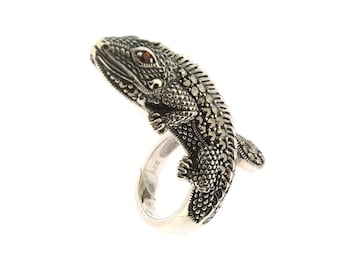 Iguana Lizard Ring Silver Marcasite