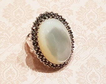 Large Oval Mother of Pearl Cocktail Ring Silver Marcasite
