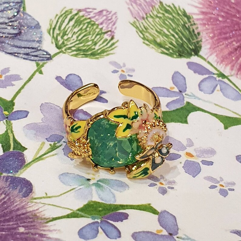Green crystal Bee Flower Enamel Scenes of Nature Ring by Bill Skinner