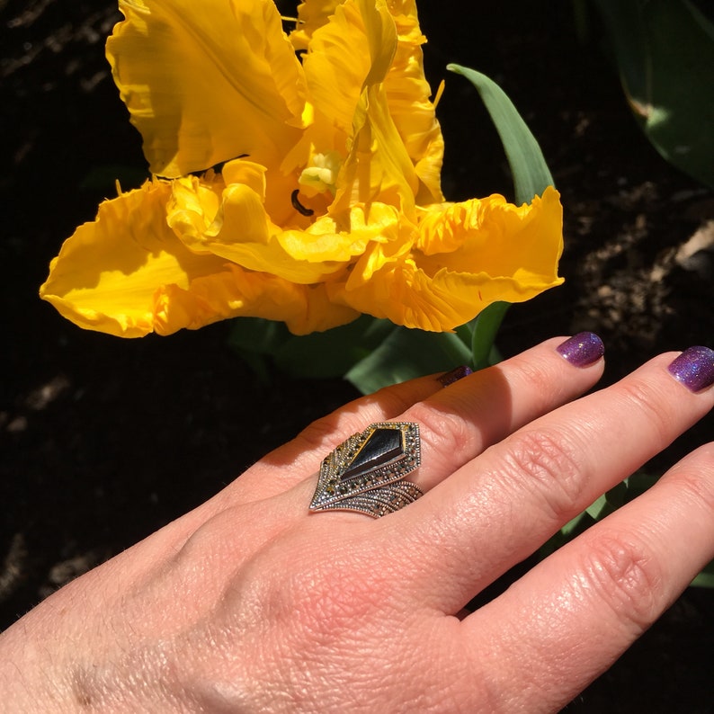 Black onyx Art Deco Ring Pointed image 5