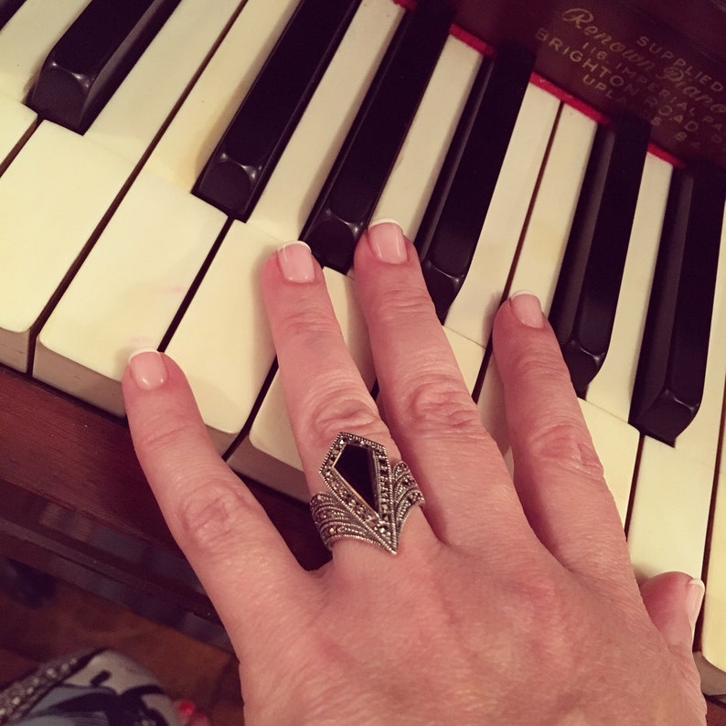 Black Onyx Art Deco Ring Pointed Etsy