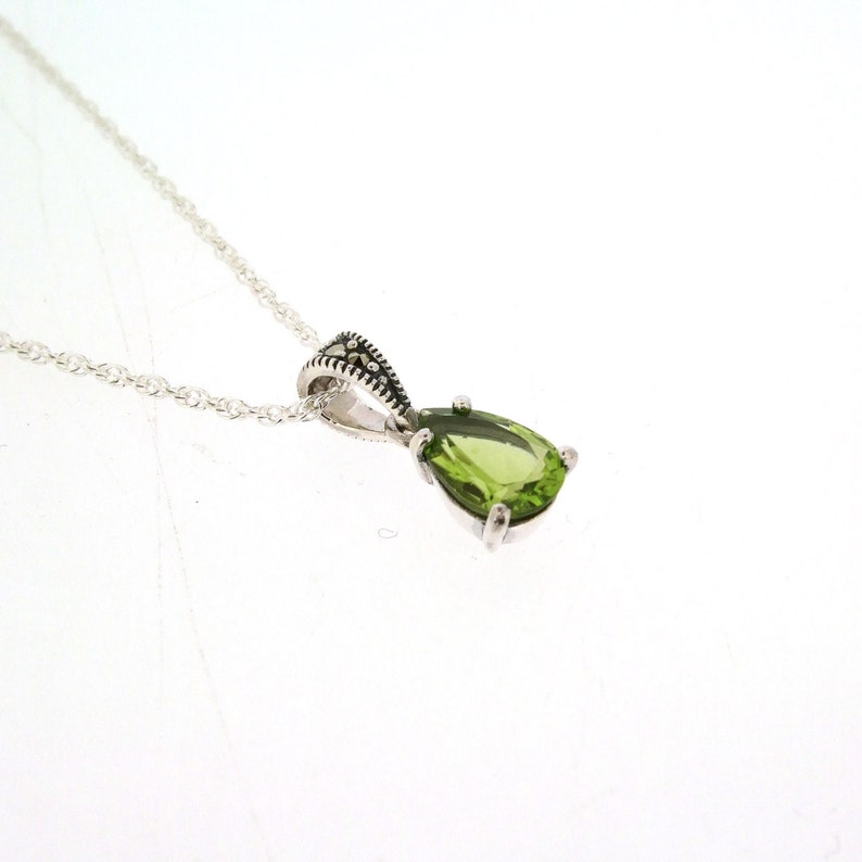 Peridot Teardrop Pendant Silver Marcasite Olive Green