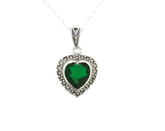 Emerald Green Heart Pendant Necklace Silver Marcasite on chain