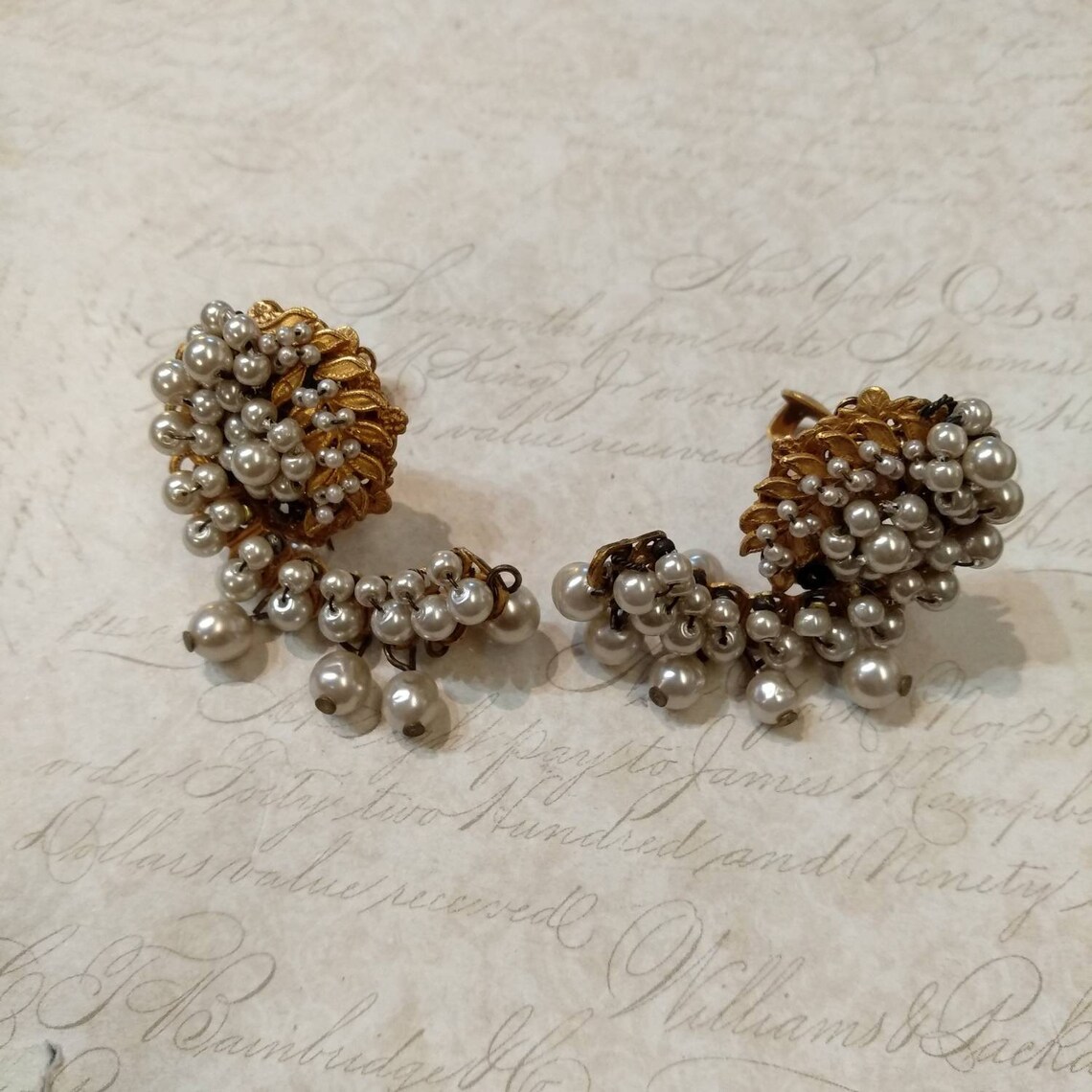 Miriam haskell vintage cluster pearl clip on earrings Etsy