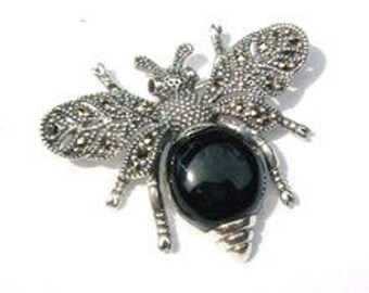 Bee Brooch Silver Marcasite Black Onyx