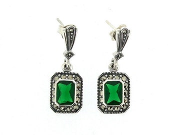 Silver Marcasite Emerald Earrings Square Green Crystal