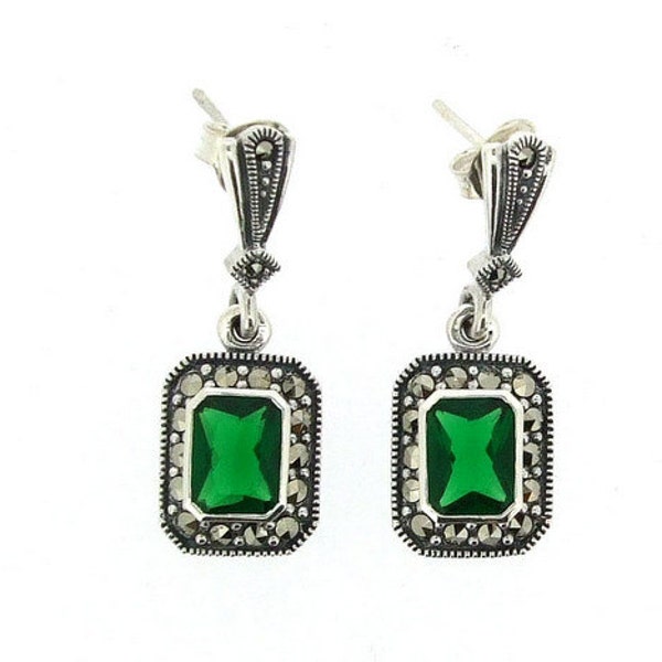 Silver Marcasite Emerald Earrings Square Green Crystal