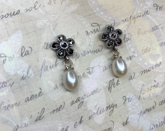 Real pearl drop Earrings silver Marcasite vintage bride