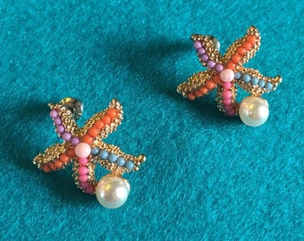 Starfish stud earrings multi coloured or pearl