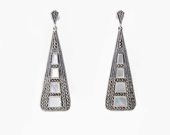 Art Deco Earrings Silver Marcasite Mother of Pearl