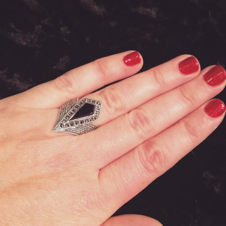 Black Onyx Art Deco Ring Pointed Etsy