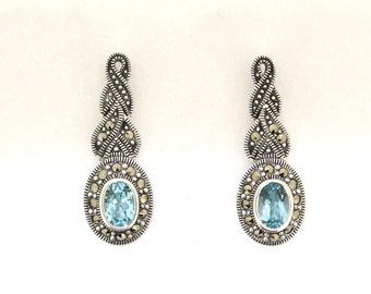 Silver Marcasite Earrings Oval Blue Topaz Crystal Bridal Bridesmaid  Wedding