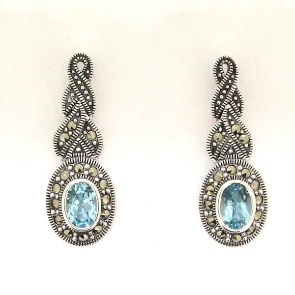 Silver Marcasite Earrings Oval Blue Topaz Crystal Bridal Bridesmaid  Wedding