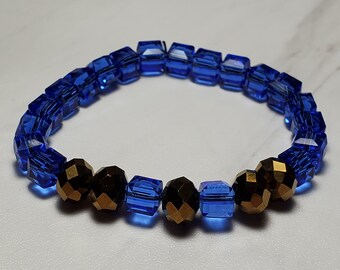 Blue & Gold Cubed Stretch Bracelet, Something Blue, Sparkly Bracelet, Gift for Her, Blue Stretch Bracelet