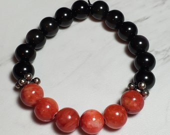 Red Dyed Quartzite & Rainbow Obsidian Stretch Bracelet, Gemstone Bracelet, Unisex Bracelet, Red and Black Bracelet