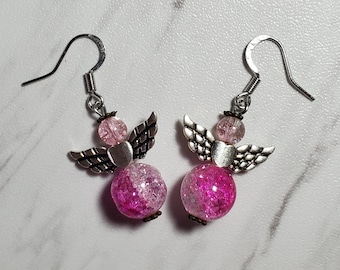 Angel Earrings, Angel Wing Earrings, Beaded Angel Earrings, Pink Angel Earrings