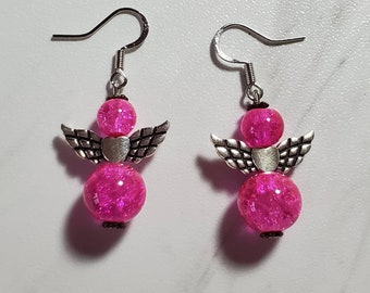 Angel Earrings, Angel Wing Earrings, Pink Angel Earrings, Beaded Angel Earrings