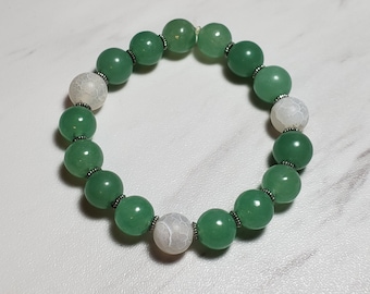 Light Aventurine & White Crude Agate Stretch Bracelet, Green and White Bracelet, Stone of Opportunity Good Luck Bracelet, Gemstone Bracelet