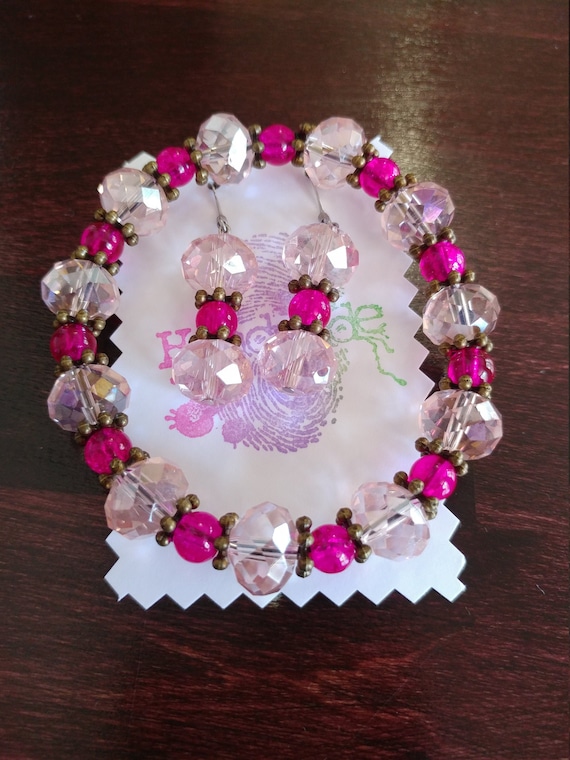 Two-Tone Bracelet & Earring Set, Pink Jewelry Set, Gift for Women, Pink Bracelet and Earrings