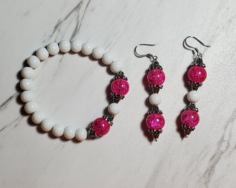 Pink & White Stretch Bracelet and Earring Set, Victorian Style, Gift for Her, Pink Bracelet and Earrings, Victorian Style Earrings