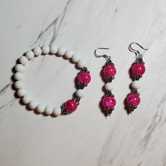 Pink & White Stretch Bracelet and Earring Set, Victorian Style, Gift for Her, Pink Bracelet and Earrings, Victorian Style Earrings