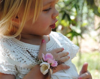 Flower Girl Corsage - Pink Silk Corsage - Ivory Silk Corsage - Rose Gold Corsage - Pink Wrist Corsage - Wedding Corsage - Ribbon Wristlet