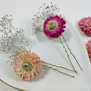 Dried Flower Pins - Pink Strawflowers - Babies Breath Hair Pins - Rustic Wedding - Wedding Hair Pins - Wedding Hair Flowers-Pink Bridal Pins