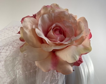 Birdcage Veil with Roses - Pink Wedding Veil - Pink Tulle Veil - Bridal Veil with Roses - Pink Bridal Headpiece - Rose Headpiece - Rose Veil