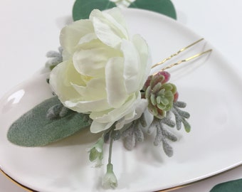 White Rose Bridal Hair Pin - Succulent Hair Pin - Succulent Bridal Pin - Greenery Hair Pin - Greenery Wedding Hair Pin - Bridal Hair Pin