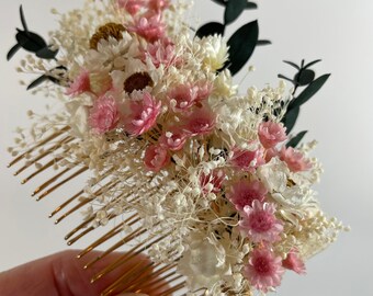 Pink Dried Flower Comb - Bridal Hair Comb - Dried Flowers - Wedding Hair Comb - Babies Breath Hair Comb - Rustic Wedding Comb - Pink