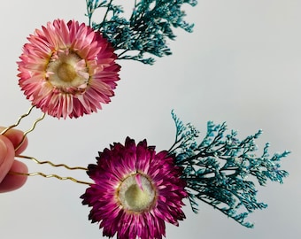 Rosa Strohblumen Haarnadeln - Getrocknete Blumen Haarnadeln - Rosa Hochzeit Pins - Blumen Haarnadel - Brautjungfer Haarnadel Set - Blumenmädchen Haarnadel