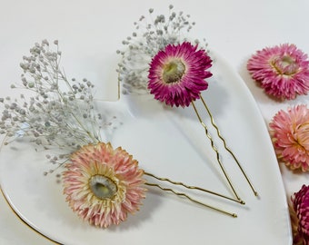 Dried Flower Pins - Pink Strawflowers - Babies Breath Hair Pins - Rustic Wedding - Wedding Hair Pins - Wedding Hair Flowers-Pink Bridal Pins