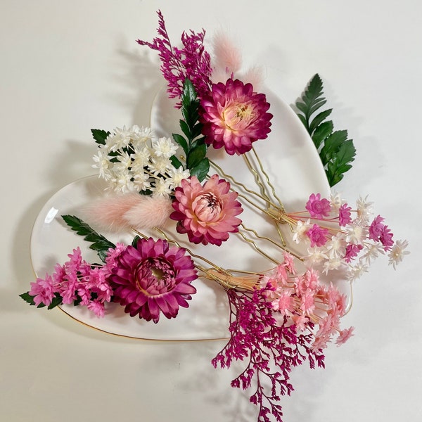 Pink Dried Flower Hair Pins - Pink Wedding Pins - Bridal Hair Pins - Strawflowers - Bunny Tail Hair Pins - Starflower Hair Pins-Pink Flowers