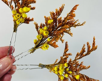 Bridal Hair Pins - Fall Wedding Hair Pins - Dried Flower Pins - Fall Wedding Pins - Real Flower Hair Pins - Rustic Hair Pins - Yellow Flower