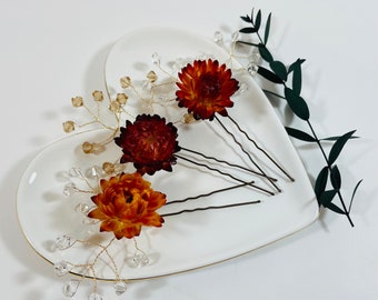 Fall Wedding - Terracotta Wedding - Dried Flower Pins - Autumn Wedding - Floral Hair Pins - Swarovski Bridal Pins - Autumn Hair Pins