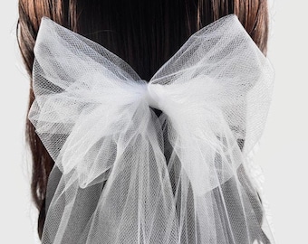 Bridal Hair Bow - Wedding Hair Bow - Tulle Hair Bow - White Bridal Bow - Hair Bow - Wedding - Ivory Hair Bow - Bow Veil - Veil with Bow