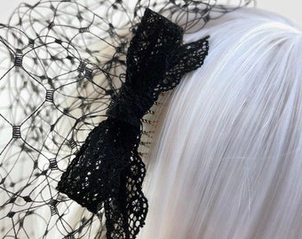 Black Lace Bow Veil - Funeral Veil - Black Birdcage Veil - Widow Veil - Lace Veil - Black Lace Veil - Mourning Veil - Black Bird Cage Veil